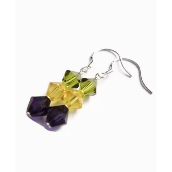 Green Yellow Violet Purple Swarovski Crystal Beaded Sterling Silver Earrings - Picture 4 of 4